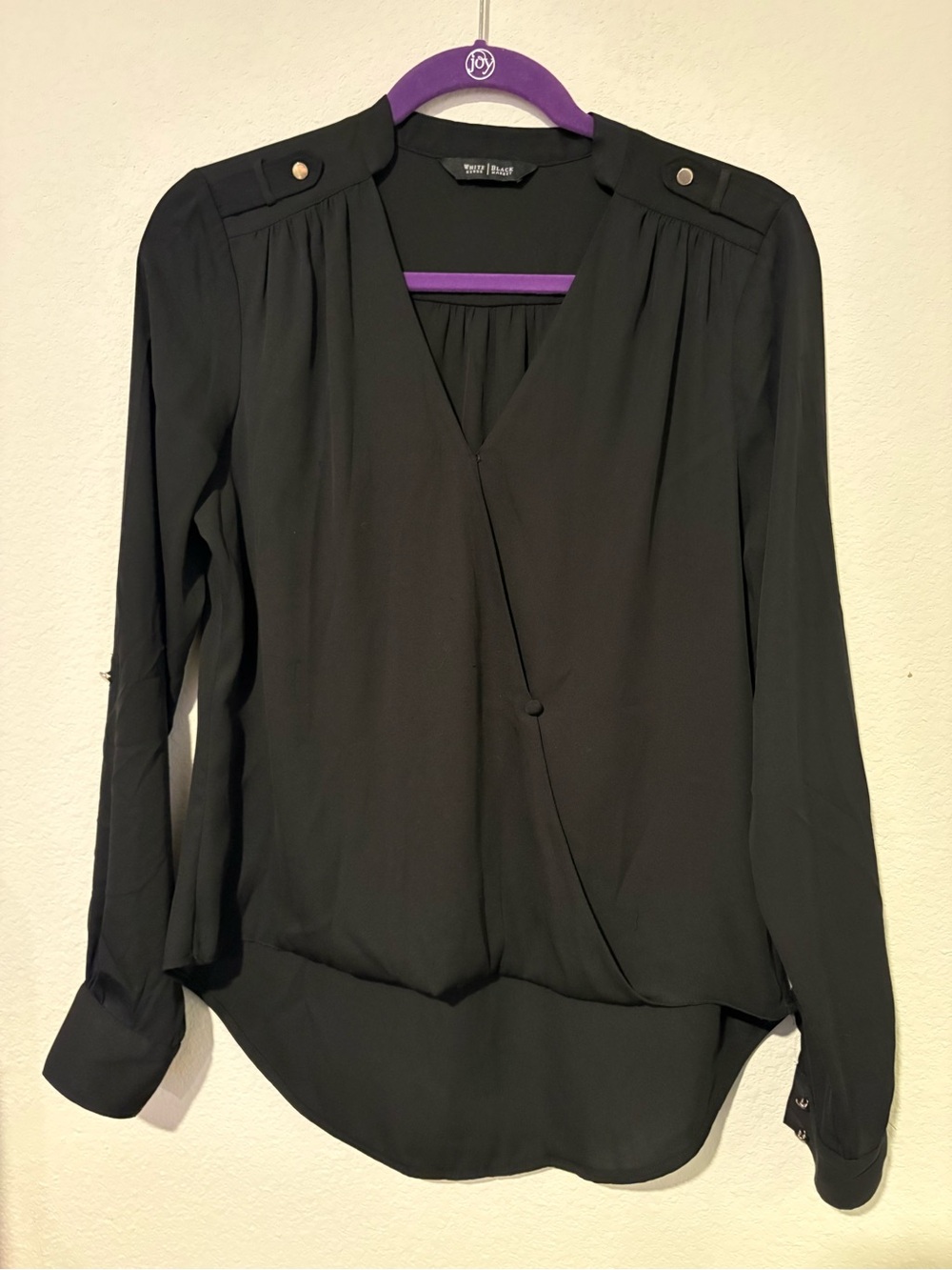 White House Black Market Black Faux-Wrap Long Sleeve Blouse Unique Find EUC SM